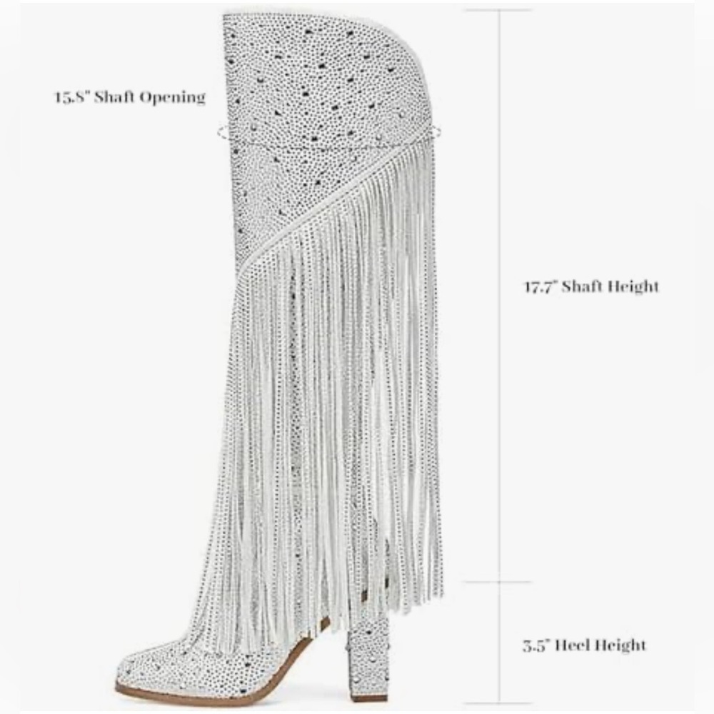 🆕 Rhinestone Silver Fringe Knee-High Boots - Picture 6 of 13